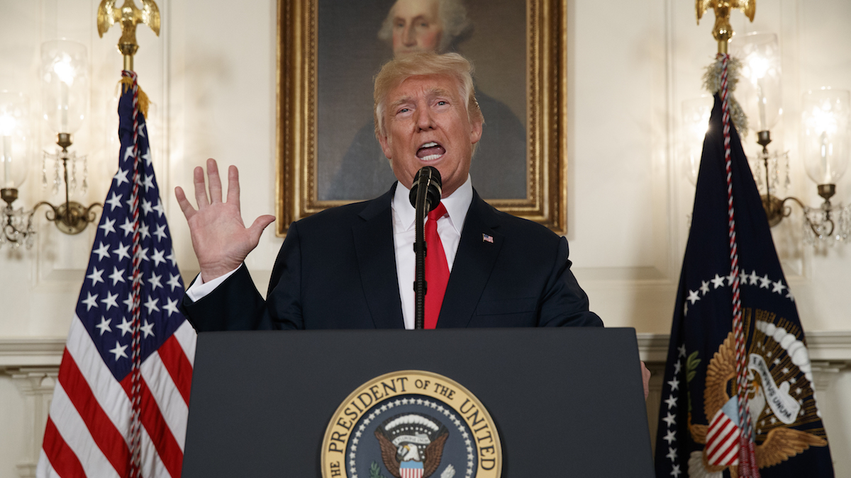  President Donald Trump speaks about the deadly white nationalist rally in Charlottesville, Va., Monday, Aug. 14, 2017, in the Diplomatic Room of the White House in Washington. (AP Photo/Evan Vucci) 