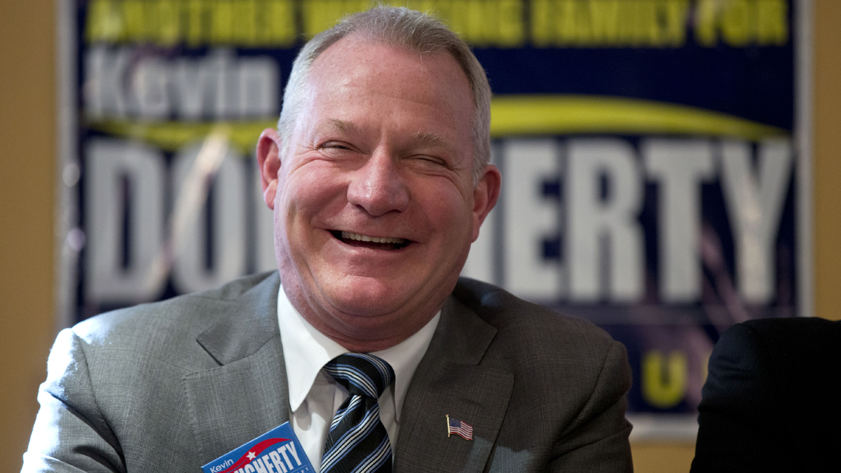  Philadelphia Judge Kevin Dougherty, one of the three Democrats who won seats on the Pennsylvania Supreme Court, is all smiles on Election Day in Philadelphia.  (AP Photo/Matt Rourke) 