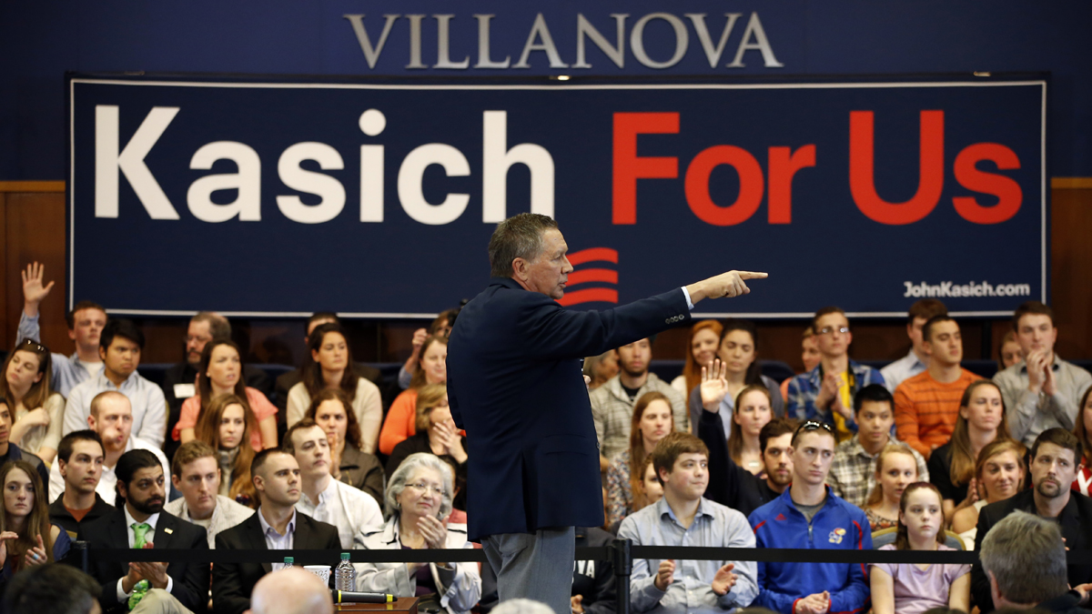 Republican presidential candidate Ohio Gov. John Kasich gestures while speaking at a town hall event at Villanova University where he received a warm welcome earlier this month. A new poll finds he is just a few points behind businessman Donald Trump in Pennsylvania.(AP Photo/Matt Slocum)