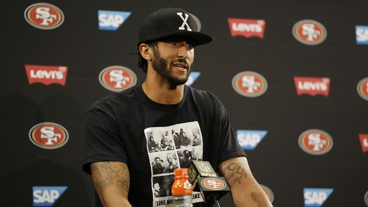 San Francisco 49ers quarterback Colin Kaepernick answers questions at a news conference after an NFL preseason football game against the Green Bay Packers Friday, Aug. 26, 2016, in Santa Clara, Calif.  (AP Photo/Ben Margot) 