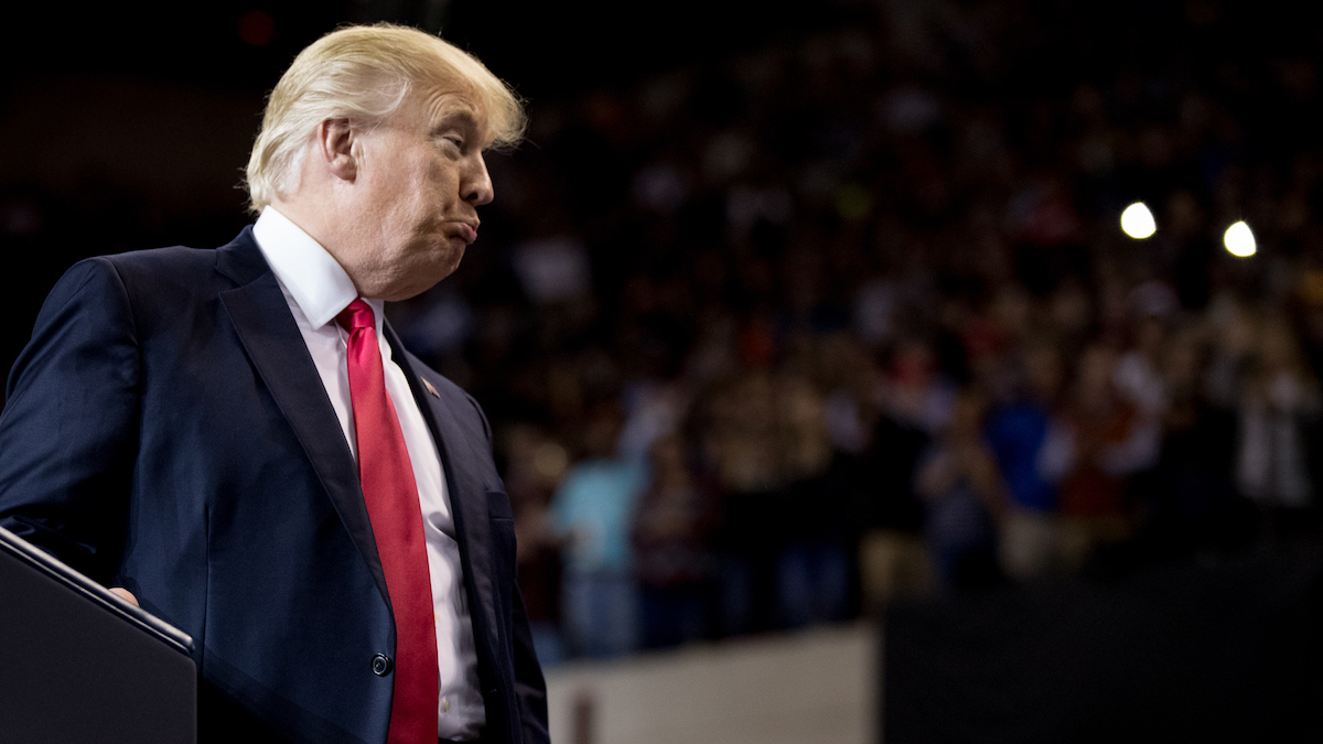  President Donald Trump reacts while speaking at a rally at the Kentucky Exposition Center in Louisville, Ky., Monday, March 20, 2017. (AP Photo/Andrew Harnik) 