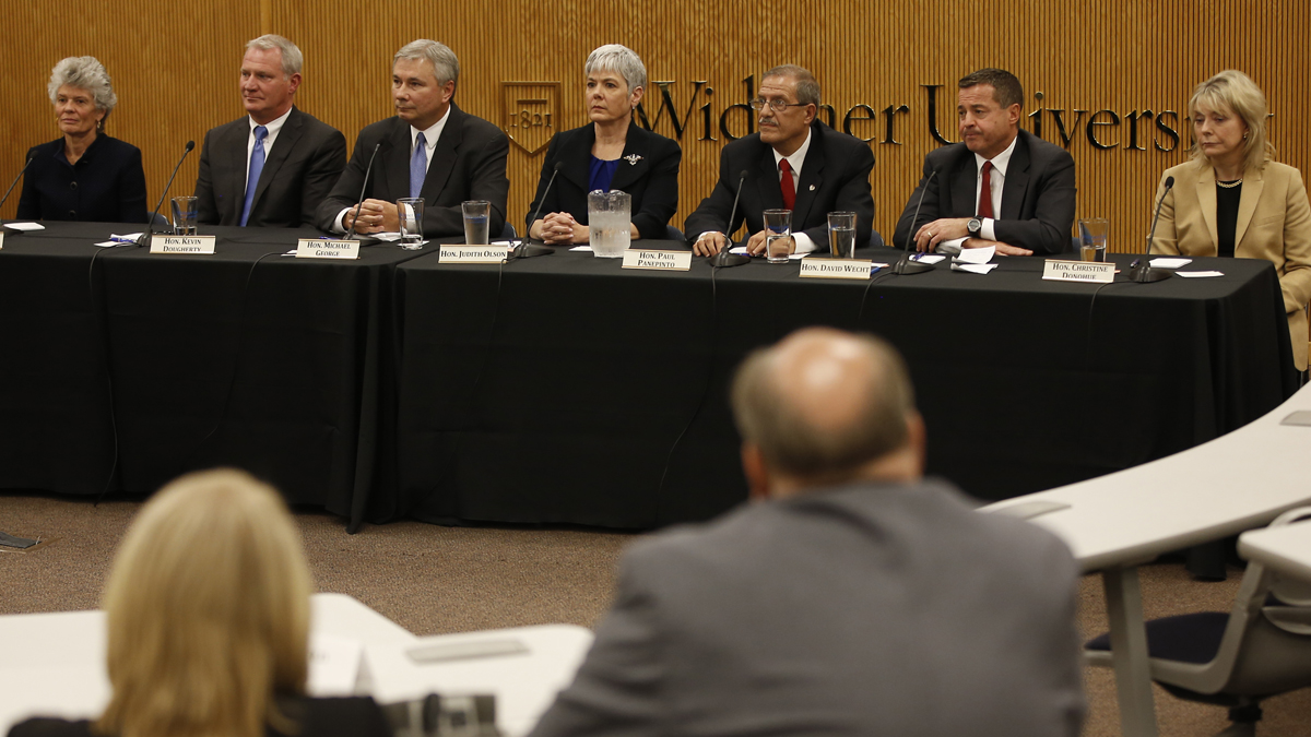  State Superior Court judge Christine Donohue, from right, state Superior Court Judge David Wecht, Philadelphia Judge Paul Panepinto, state Superior Court Judge Judith Olson, Adams County Judge Michael George, Philadelphia Judge Kevin Dougherty and state Commonwealth Court Judge Anne Covey participate in a Pennsylvania Supreme Court debate Wednesday. (AP Photo/Matt Slocum) 