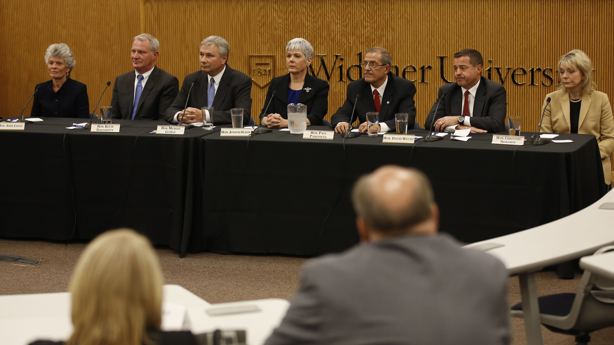  Pennsylvania voters Tuesday will choose from among Supreme Court candidates, from right,  Christine Donohue, David Wecht, Paul Panepinto,  Judith Olson, Michael George,  Kevin Dougherty and Anne Covey. There are three vacancies on the seven-member bench.(Matt Slocum/AP Photo) 