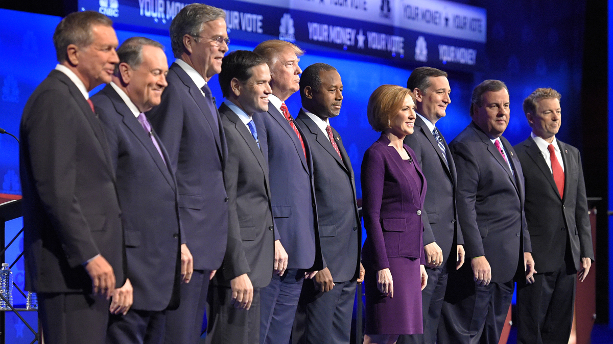  Republican presidential candidates, from left, John Kasich, Mike Huckabee, Jeb Bush, Marco Rubio, Donald Trump, Ben Carson, Carly Fiorina, Ted Cruz, Chris Christie, and Rand Paul take the stage during the CNBC Republican presidential debate at the University of Colorado last month. (AP Photo/Mark J. Terrill) 