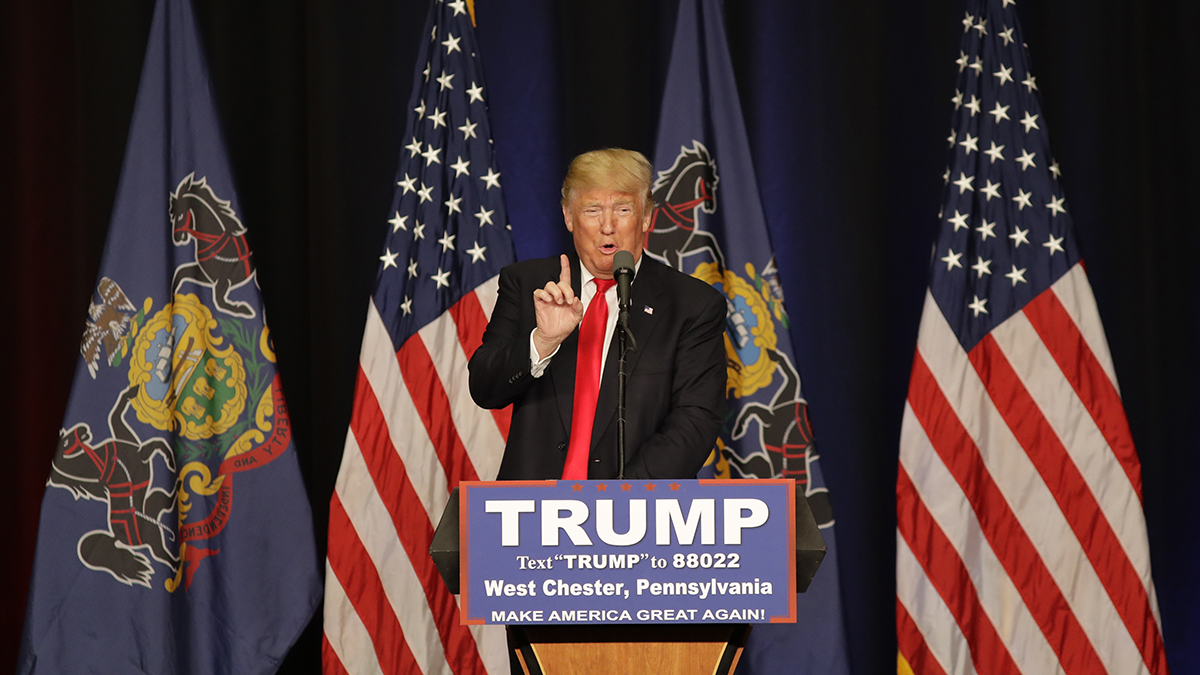 Republican presidential candidate Donald Trump speaks during a campaign rally at West Chester University