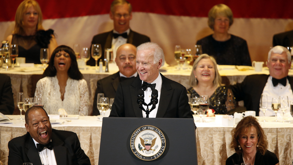  Vice President Joe Biden gets a laugh as he delivers remarks after being given the Pennsylvania Society's Gold Medal award in 2013 during the society's annual dinner at the Waldorf-Astoria hotel in New York. (AP Photo/Jason DeCrow) 