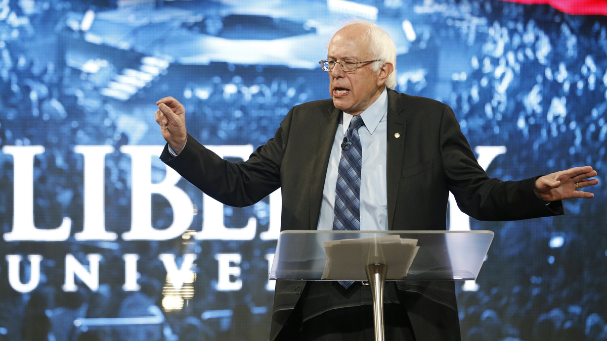  Democratic presidential candidate, Sen. Bernie Sanders, I-Vt. gestures during a speech at Liberty University in Lynchburg, Va., Monday, Sept. 14, 2015. (Steve Helber/AP Photo) 