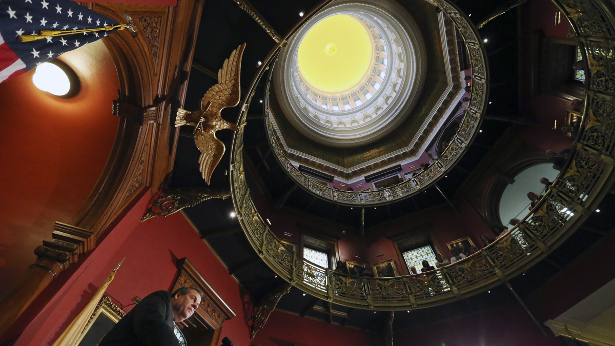 New Jersey Gov. Chris Christie addresses a gathering in the Statehouse rotunda in November in Trenton