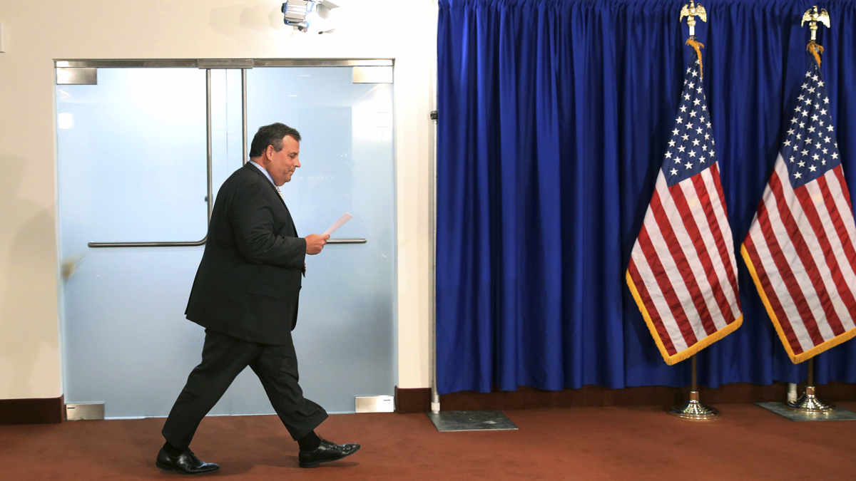  New Jersey Gov. Chris Christie walks in to address the media after New Jersey Senate President Steve Sweeney, D-West Deptford, N.J., and New Jersey Democratic Assembly Speaker Vincent Prieto, D-Secaucus, N.J., announced an agreement to end the New Jersey budget impasse and its effect on state parks and services, Monday, July 3, 2017, in Trenton, N.J. (Mel Evans/AP Photo) 