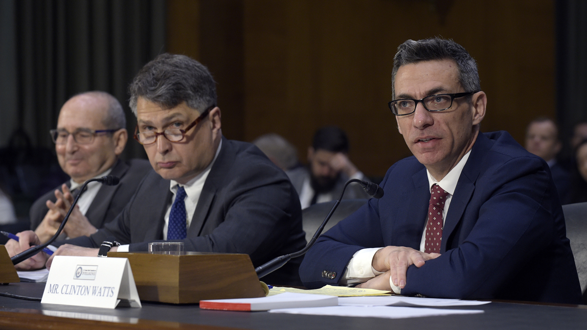  Clint Watts, (right), a Senior Fellow at the Foreign Policy Research Institute Program on National Security, testifies before the Senate Intelligence Committee hearing on Capitol Hill in Washington, Thursday, March 30, 2017, on Russian intelligence activities. He is joined at the witness table by Roy Godson, (left), Professor of Government Emeritus at Georgetown University, and Eugene Rumer, (center), Director of Russia and Eurasia Program at the Carnegie Endowment for International Peace. Lawmakers heading the Senate Intelligence Committee focused squarely on Russia as they opened the hearing Thursday on attempts at undermining the 2016 U.S. presidential election. (Susan Walsh/AP Photo) 