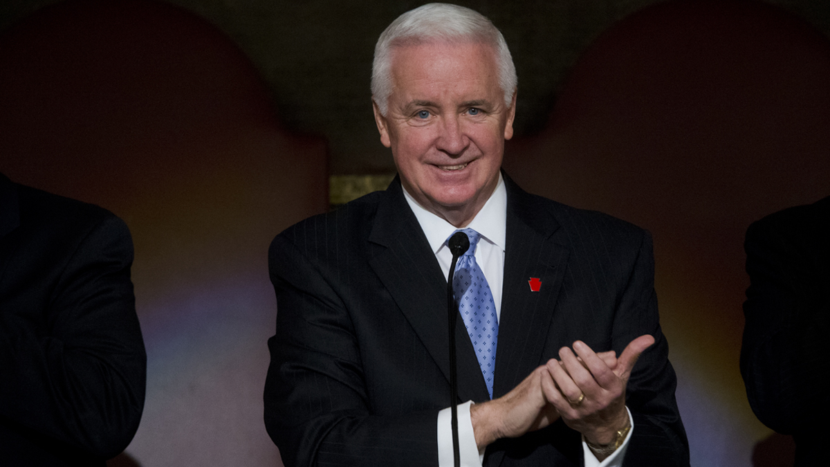  Gov. Tom Corbett applauds as he delivers his budget address for the 2014-15 fiscal year to a joint session of the Pennsylvania House and Senate on Tuesday, Feb. 4, 2014, in Harrisburg, Pa. (Matt Rourke/AP Photo) 