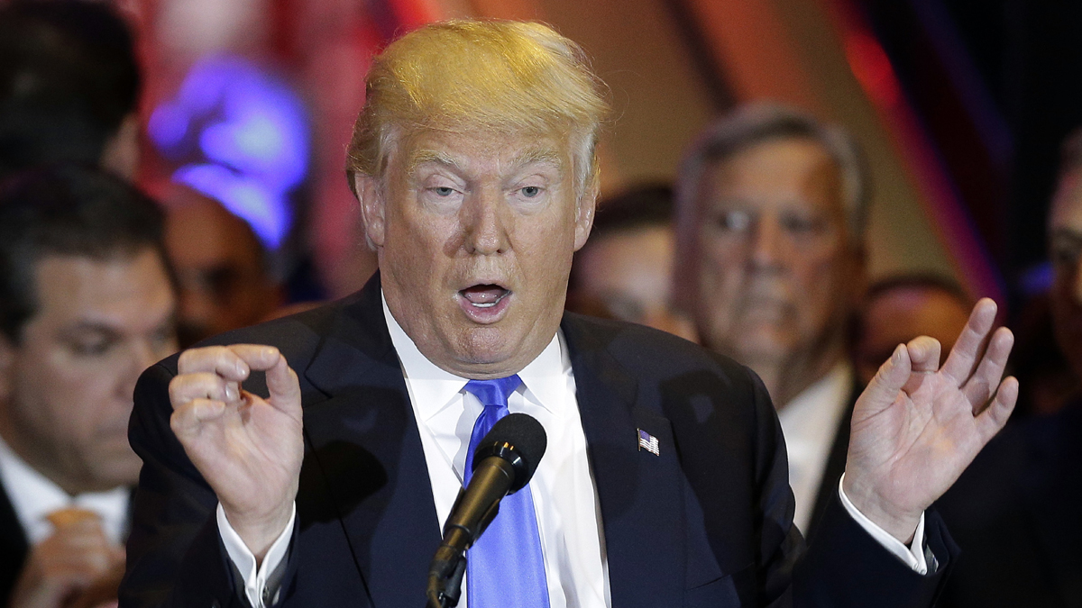 Republican presidential candidate Donald Trump speaks during a primary night news conference