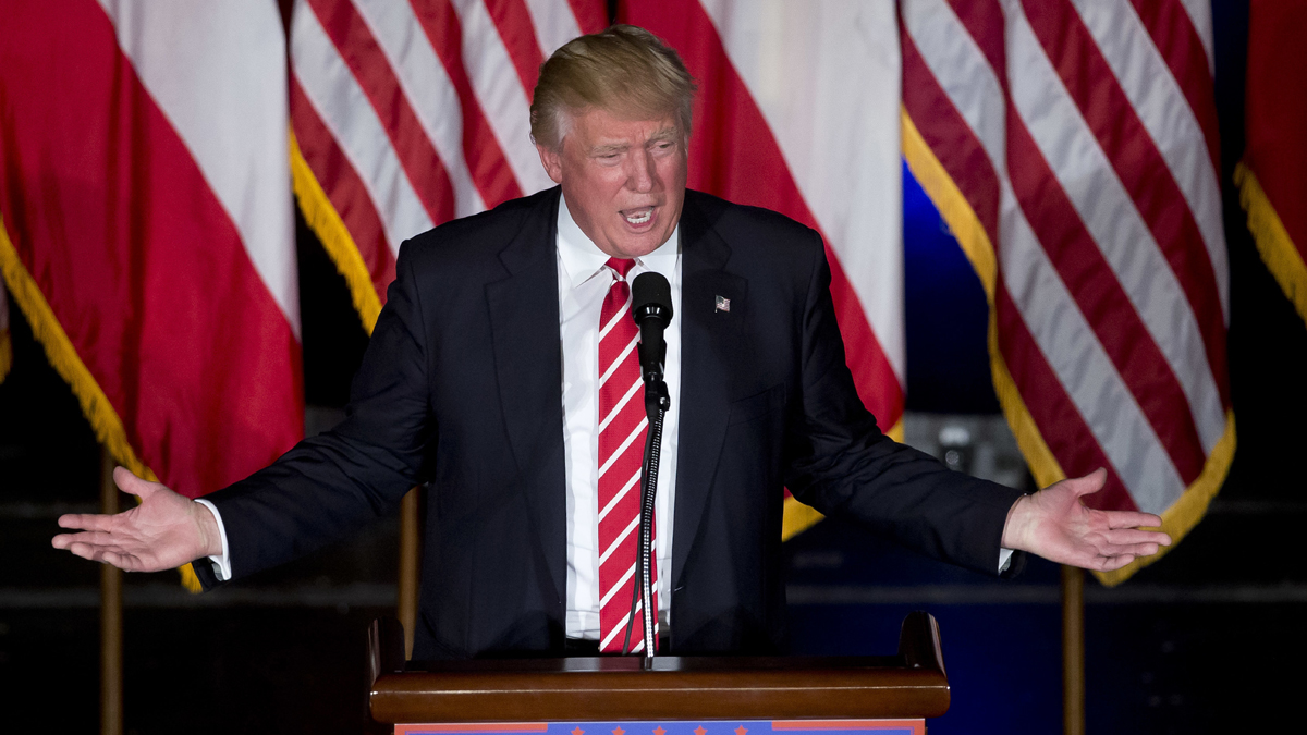 Republican presidential candidate Donald Trump speaks during a rally at the Fox Theater