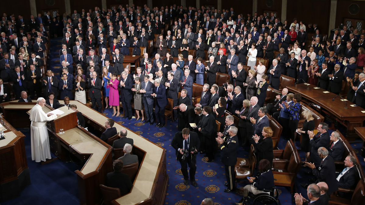  Pope Francis addresses a joint meeting of Congress on Capitol Hill in Washington, Thursday, Sept. 24, 2015, making history as the first pontiff to do so. (Evan Vucci/AP Photo) 