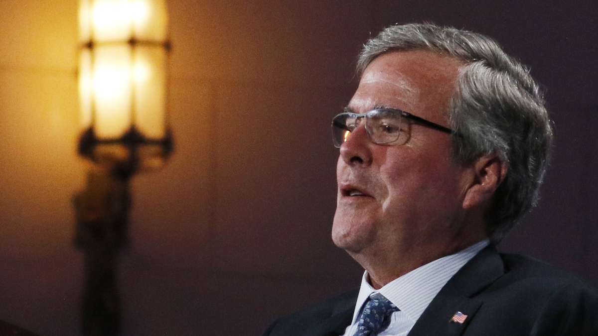  Former Florida Gov. Jeb Bush answers a question at the winter meeting of the free market Club for Growth winter economic conference at the Breakers Hotel, Thursday, Feb. 26, 2015, in Palm Beach, Fla. (Joe Skipper/AP Photo) 