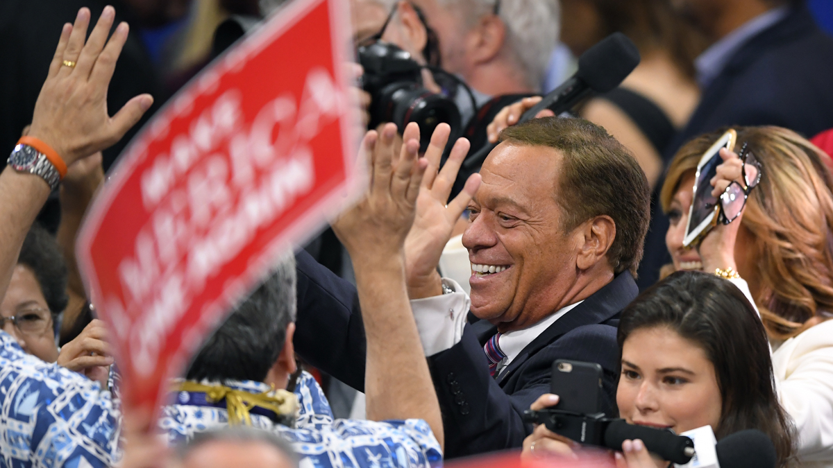 Joe Piscopo high-fives delegates on the convention floor during the final day of the Republican National Convention in Cleveland