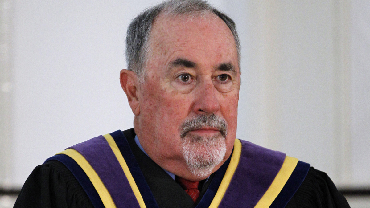  In 2011, Pennsylvania Supreme Court Justice Michael Eakin poses for photographs with the court's other justices at Philadelphia's historic Old City Hall. A Pennsylvania ethics board is accusing Eakin of violating both judicial and constitutional codes of conduct by exchanging lewd and offensive emails with friends. The Judicial Conduct Board has filed four charges with a disciplinary court that has the power to remove judges. (Matt Rourke/AP Photo, File) 