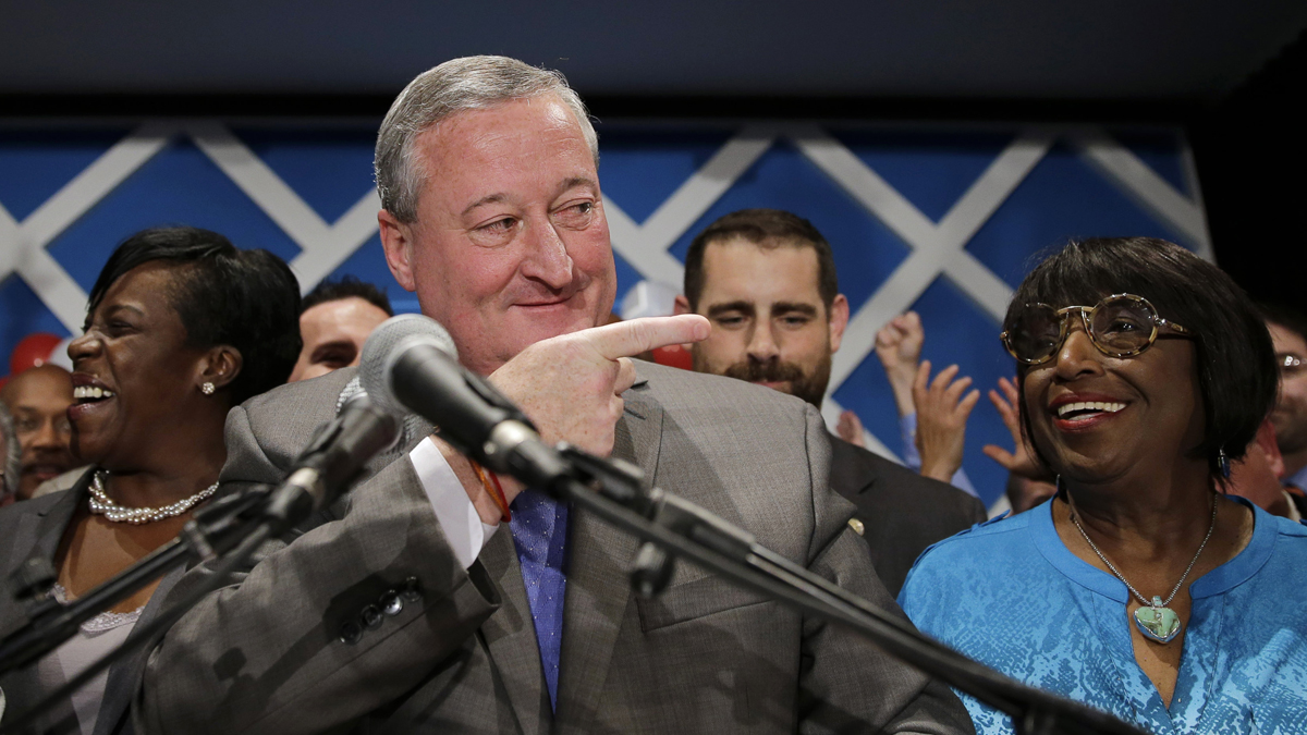  Democratic mayoral candidate and former City Councilman Jim Kenney, center, gestures onstage after winning the primary election, Tuesday, May 19, 2015, in Philadelphia. The former longtime Philadelphia councilman with broad union backing is poised to become the next mayor of the nation's fifth largest city after his resounding win Tuesday in a six-way Democratic primary. (Matt Slocum/AP Photo) 
