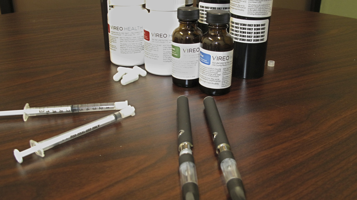  In this Jan. 5, 2016 file photo, packaging for medical marijuana is displayed at Vireo Health of New York, a dispensary in White Plains, N.Y.  (Jennifer Peltz/AP Photo, File) 