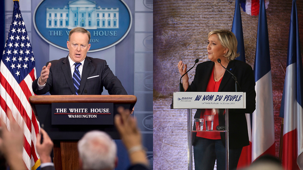  (From left) White House press secretary Sean Spicer talks to the media during the daily press briefing at the White House, Monday, April 10, 2017, in Washington. French Far-right leader presidential candidate Marine Le Pen gestures as she speaks during a rally in La Trinite-Porhoet, western France, Thursday March 30, 2017. (Andrew Harnik and  David Vincent/ AP Photos) 