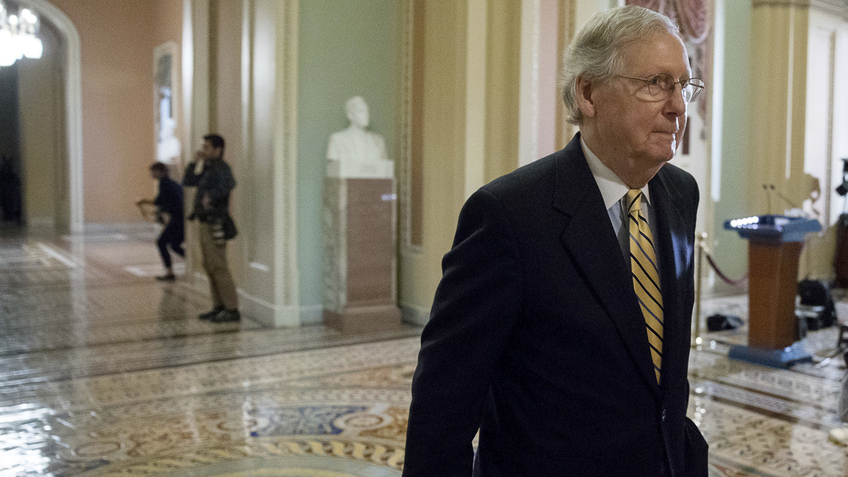  Senate Majority Leader Mitch McConnell of Ky. walks to the Senate Chamber on Capitol Hill in Washington, Tuesday, July 25, 2017. Republicans are showing signs of optimism that they'll be able to take up the health care bill. Senators and aides said talks were continuing that might win over enough Republicans to start debate. (Andrew Harnik/AP Photo) 