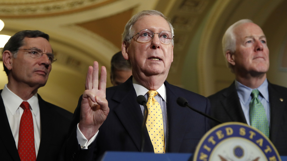 Senate Majority Leader Mitch McConnell of Ky., (center), flanked by Sen. John Barrasso, R-Wyo., (left), and Senate Majority Whip John Cornyn of Texas, speaks to members of the media about healthcare, Tuesday, May 9, 2017, on Capitol Hill in Washington following a policy luncheon. (Jacquelyn Martin/AP Photo) 