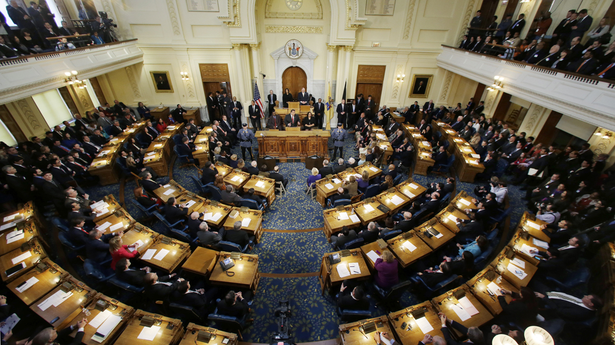  New Jersey Gov. Chris Christie, delivers his State Of The State to a large crowd in the Assembly Chambers of the Statehouse, Tuesday, Jan. 8, 2013, in Trenton, N.J. (Mel Evans/AP Photo) 