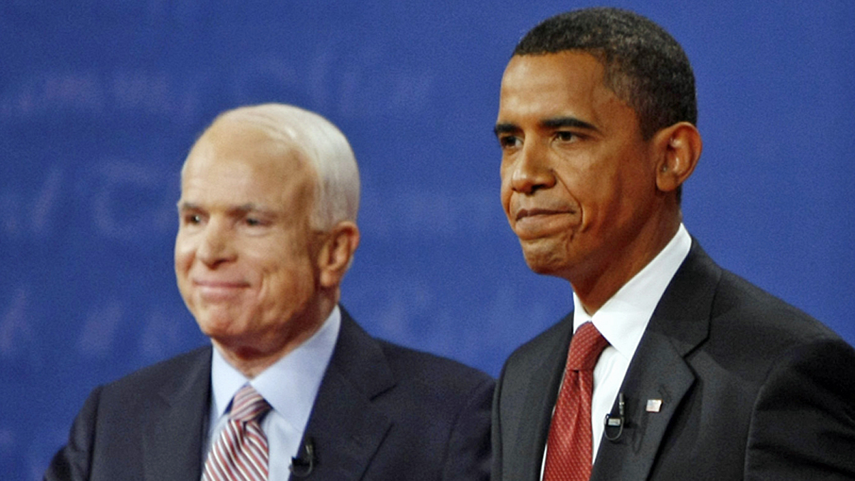  Republican presidential candidate, Sen. John McCain, R-Ariz., and then-presidential candidate, Sen. Barack Obama, D-Ill., on stage at the conclusion of a presidential debate at the University of Mississippi in Oxford, Miss. Friday, Sept. 26, 2008. (Gerald Herbert/AP Photo) 