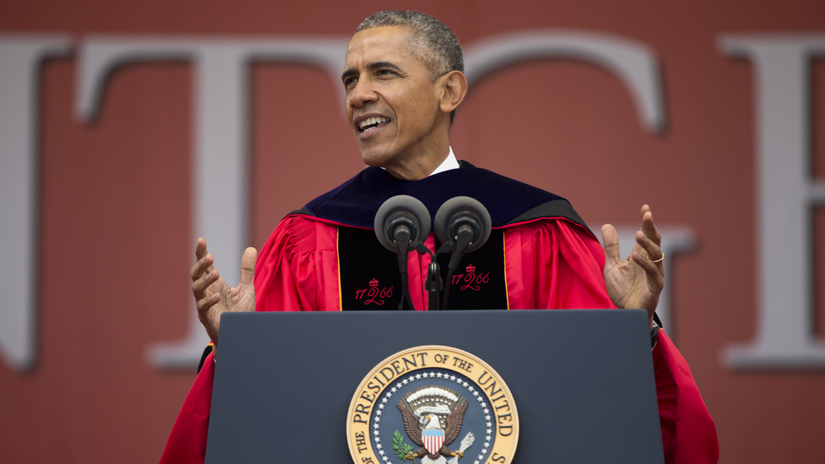 President Barack Obama speaks during Rutgers University's 250th Anniversary commencement ceremony, on Sunday, May 15, 2016, in New Brunswick, N.J. (AP Photo/Evan Vucci)