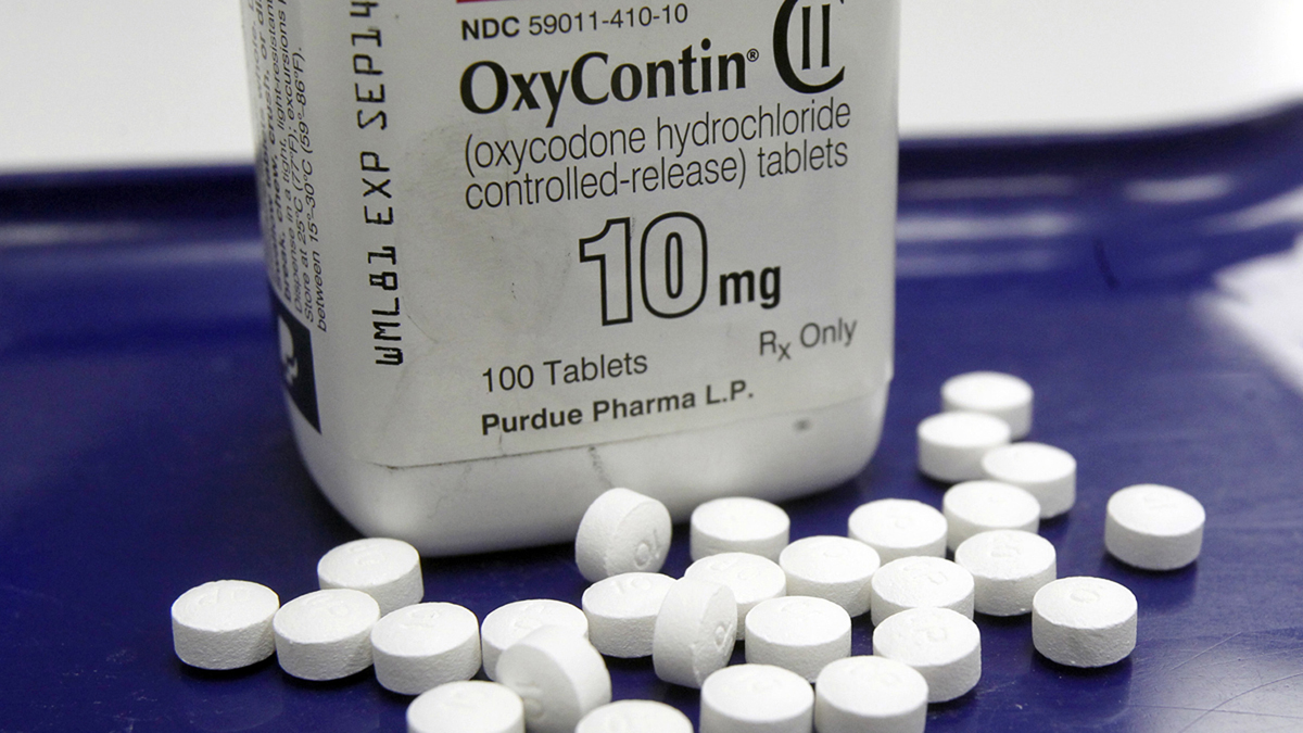 This Feb. 19, 2013, file photo, shows OxyContin pills arranged for a photo at a pharmacy. (Toby Talbot/AP Photo) 