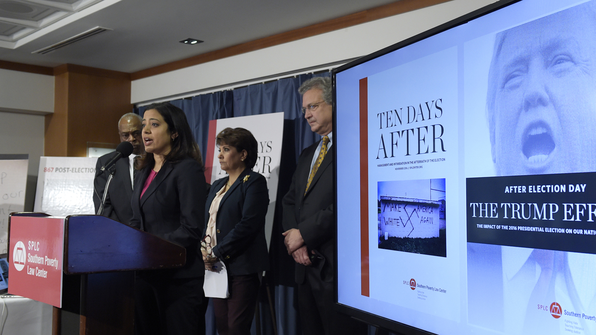  Brenda Abdelall, with Muslim Advocates, (second from left), speaks during a news conference at the National Press Club in Washington, Tuesday, Nov. 29, 2016. Abdelall, standing with (from left), Wade Henderson, President and CEO of The Leadership Conference on Civil and Human Rights, Janet Murguia, the President and CEO of the National Council of La Raza, and Richard Cohen, president of the Southern Poverty Law Center, called on President-elect Donald Trump to publicly denounce racism and bigotry. (Susan Walsh/AP Photo) 