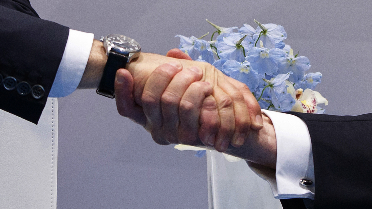  President Donald Trump (right) shakes hands with Russian President Vladimir Putin at the G20 Summit, Friday, July 7, 2017, in Hamburg. (Evan Vucci/AP Photo) 