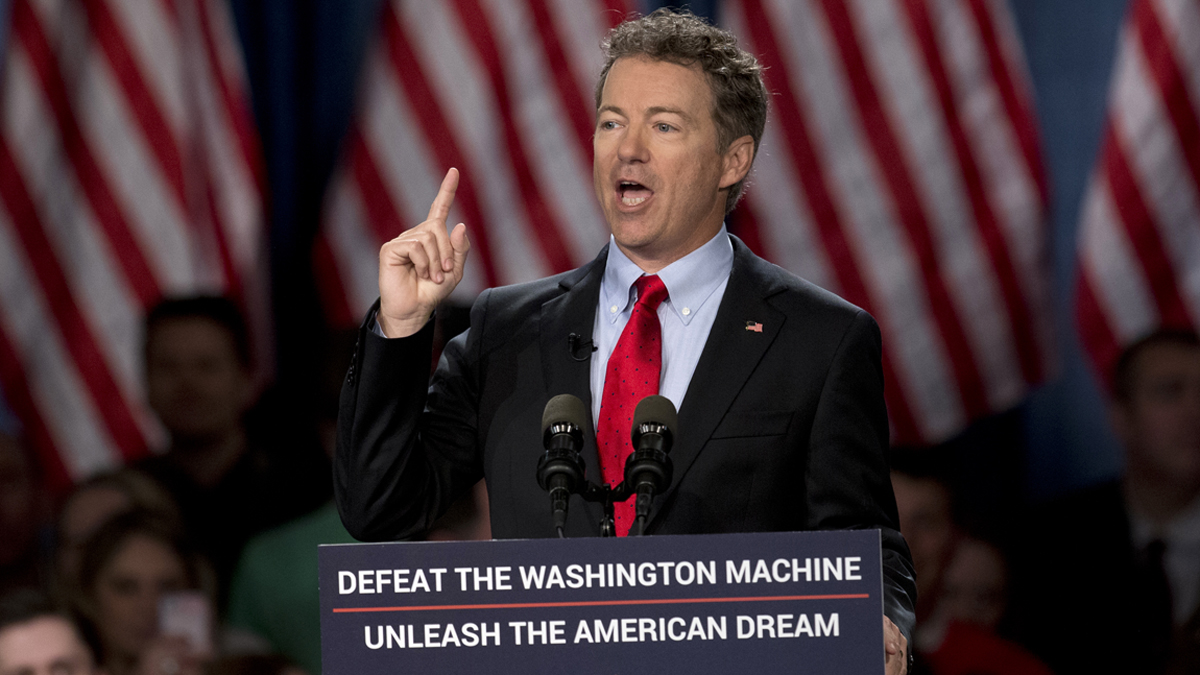  Sen. Rand Paul, R-Ky. announces the start of his presidential campaign, Tuesday, April 7, 2015, at the Galt House Hotel in Louisville, Ky. Paul launched his 2016 presidential campaign Tuesday with a combative message against both Washington and his fellow Republicans, declaring that 'we have come to take our country back.' (Carolyn Kaster/AP Photo) 