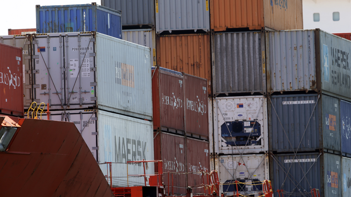 Shipping Containers are seen on deck as the Bahia Castillo
