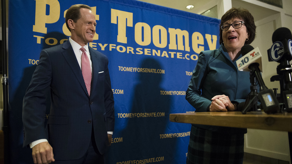  Sen. Susan Collins, R-Maine, campaigns for Sen. Pat Toomey, R-Pa., in Villanova, Pa., Tuesday, Oct. 11, 2016. Collins campaigned in Philadelphia’s crucial swing suburbs Tuesday to help Republican Sen. Pat Toomey in his neck-and-neck re-election bid. Toomey’s race against Democratic challenger Katie McGinty could tip control of the chamber. (Matt Rourke/AP Photo) 