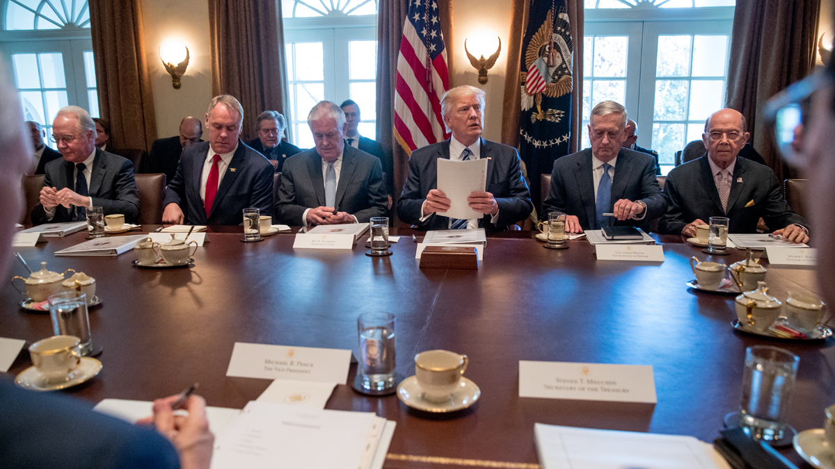  President Donald Trump speaks during a meeting with his Cabinet in the Cabinet Room of the White House in Washington, Monday, March 13, 2017. From left are, Health and Human Services Secretary Tom Price, Interior Secretary Ryan Zinke, Secretary of State Rex Tillerson, the president, Defense Secretary Jim Mattis, and Secretary of Commerce Wilbur Ross. (Andrew Harnik/AP Photo) 