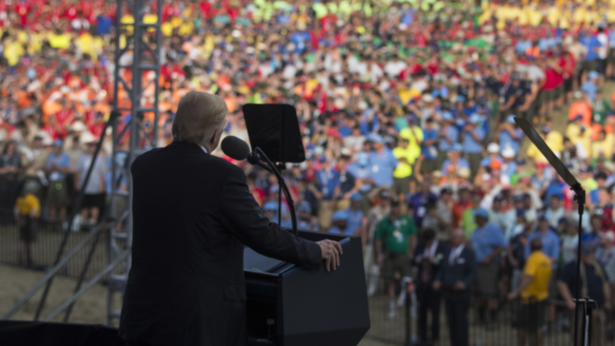  President Donald Trump speaks at the 2017 National Scout Jamboree in Glen Jean, W.Va., Monday, July 24, 2017. (Carolyn Kaster/AP Photo) 