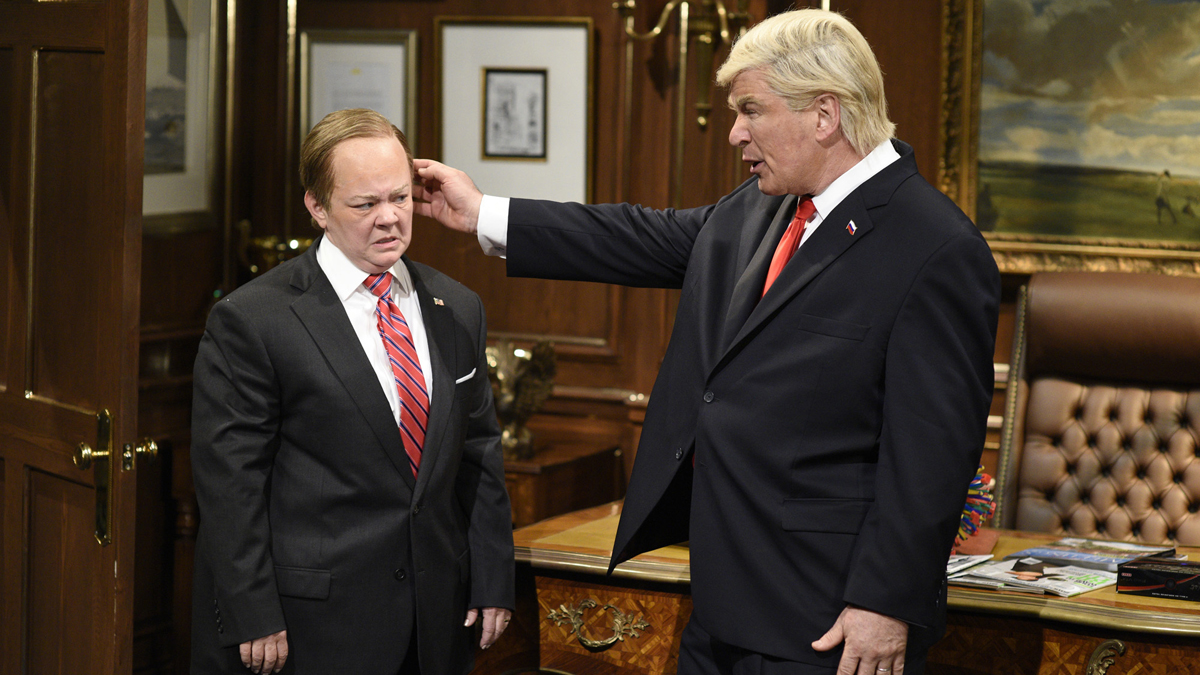  In this photo provided by NBC, Melissa McCarthy as White House Press Secretary Sean Spicer, (left), and Alec Baldwin as President Donald Trump perform during 'Spicer Returns' on Saturday Night Live, Saturday, May 13, 2017, in New York. (Will Heath/NBC via AP)               