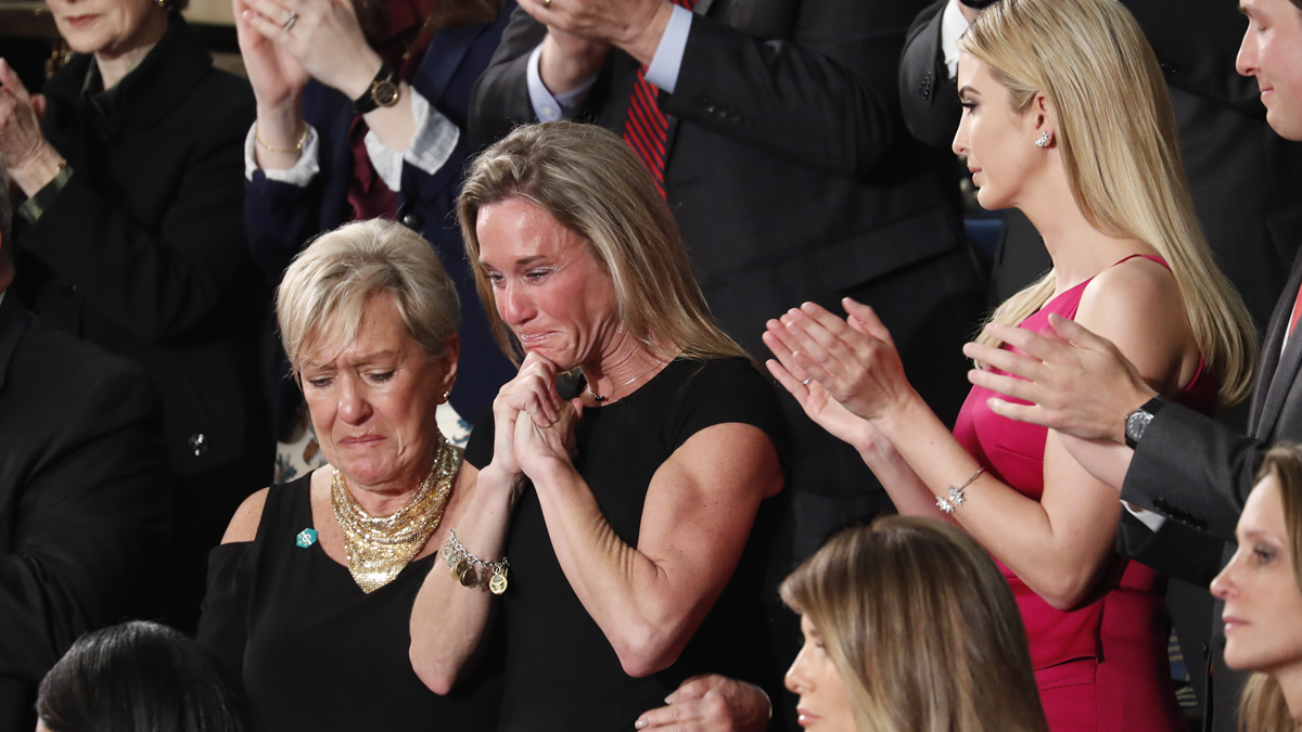  An emotional Carryn Owens, widow of Chief Special Warfare Operator William 'Ryan' Owens, on Capitol Hill in Washington, Tuesday, Feb. 28, 2017, as she was acknowledged by President Donald Trump during his address to a joint session of Congress.  (Pablo Martinez Monsivais/AP Photo) 