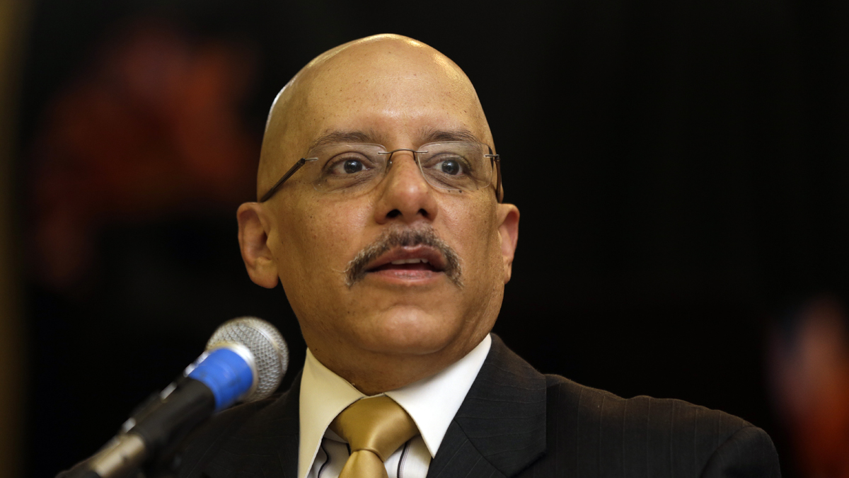 State Sen. Vincent Hughes,  D-Philadelphia, speaks during a news conference at Andrew Jackson Elementary School in 2013 in Philadelphia. (Matt Rourke/AP Photo) 