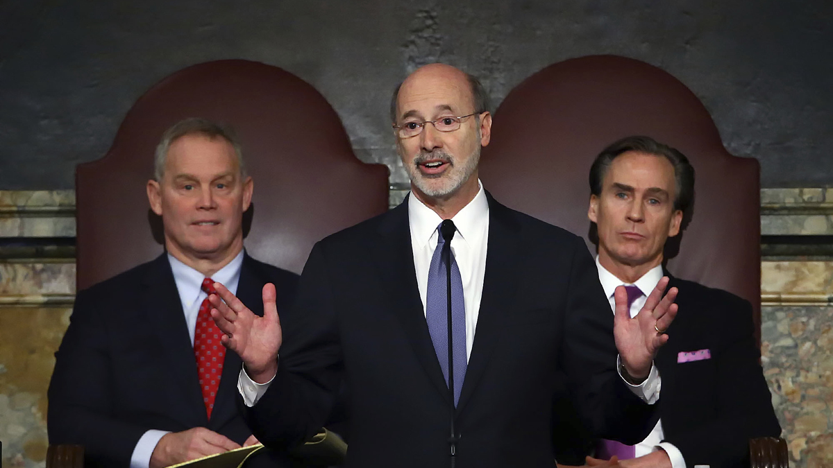  In this Feb. 9, 2016, file photo, Gov. Tom Wolf, (center), delivers his budget address for the 2016-17 fiscal year to a joint session of the Pennsylvania House and Senate, as the speaker of the state House of Representatives, state Rep. Mike Turzai, R-Allegheny, (left), and Lt. Gov. Mike Stack, (right), listen at the State Capitol in Harrisburg, Pa. (Chris Knight/AP Photo, file) 
