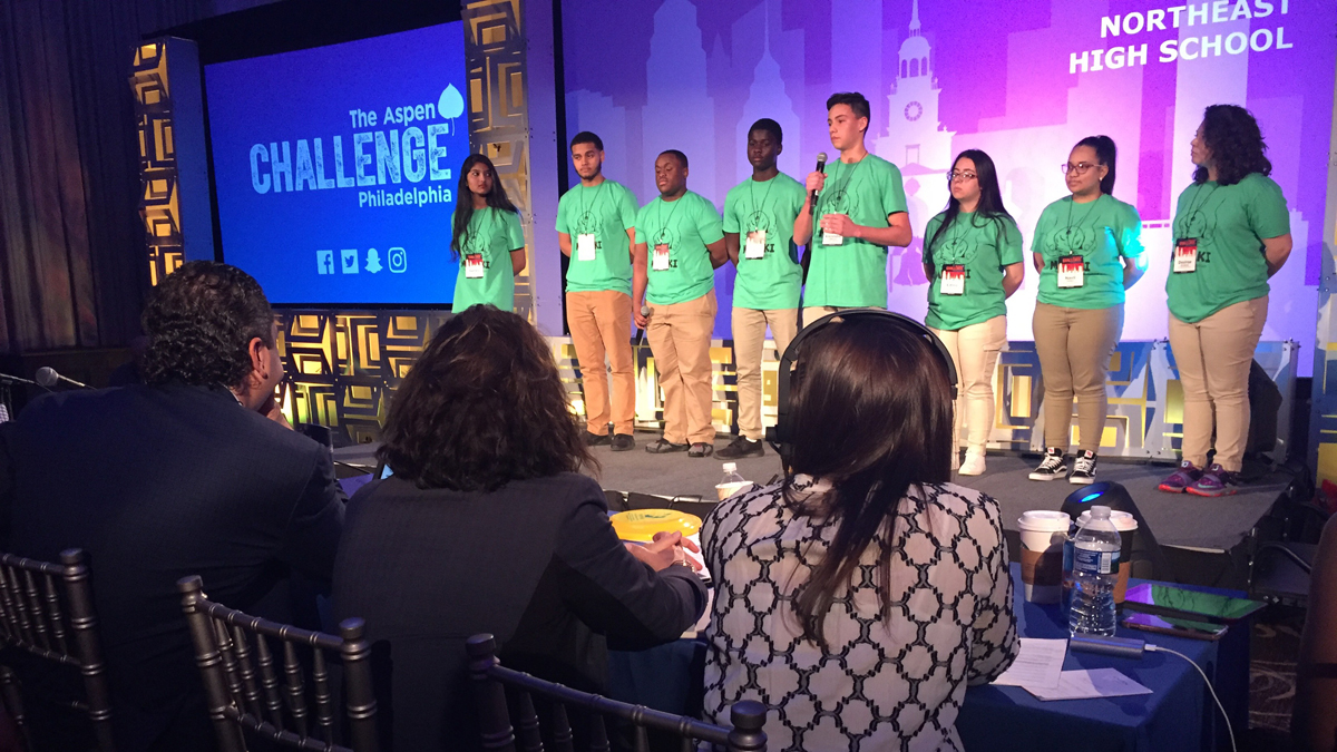  The Northeast High School team makes its presentation. (Avi Wolman-Arent/WHYY) 