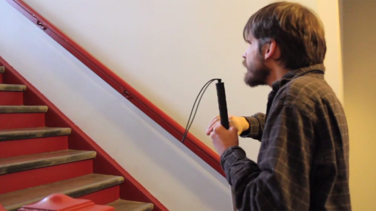  Austin Seraphin explains how echolocation helps him to navigate his world. (Kimberly Paynter/WHYY) 