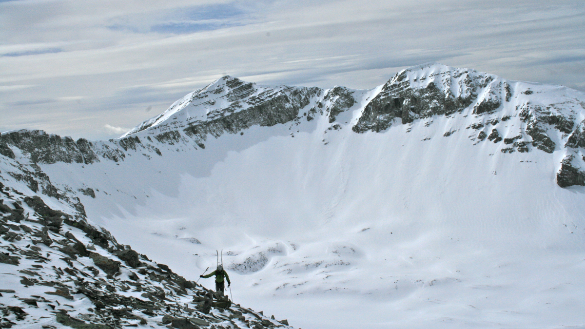  A lone skier climbs Cedar Peak, just outside of Big Sky, Montana. (Jerry Johnson/MSU Snow and Avalanche Lab) 