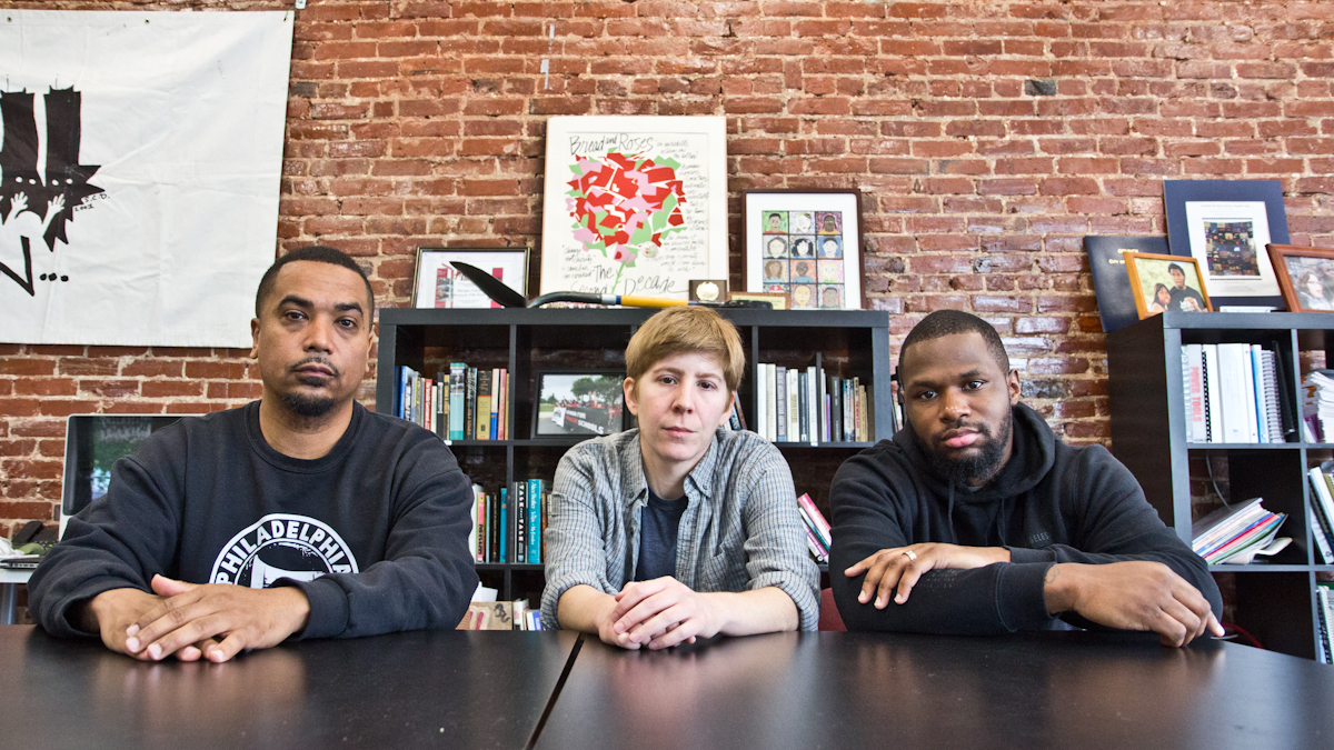  (From left) Hiram Rivera, Sarah Morris and Joshua Glenn are the organizers of the Philly Mama’s Bail Out Day. (Kimberly Paynter/WHYY) 