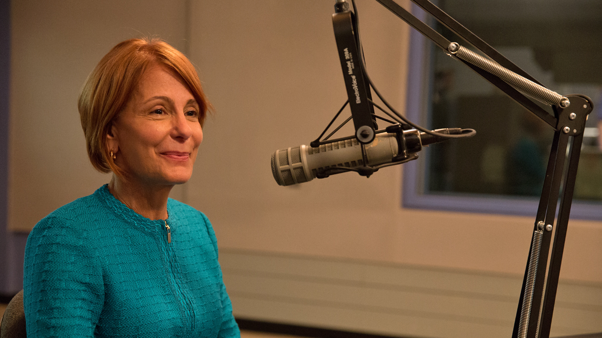 N.J. State Senator Barbara Buono answers questions from NewsWorks Tonight host Dave Heller at WHYY.  (Lindsay Lazarski/WHYY) 