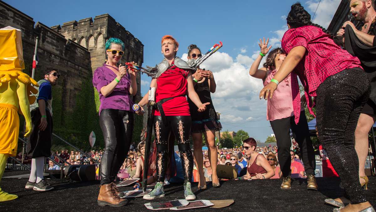 The Bearded Ladies Cabaret blends a camp account of the French Revolution with a satirical look at current events during their annual Bastille Day performance at Eastern State Penitentiary. (Emily Cohen for NewsWorks)