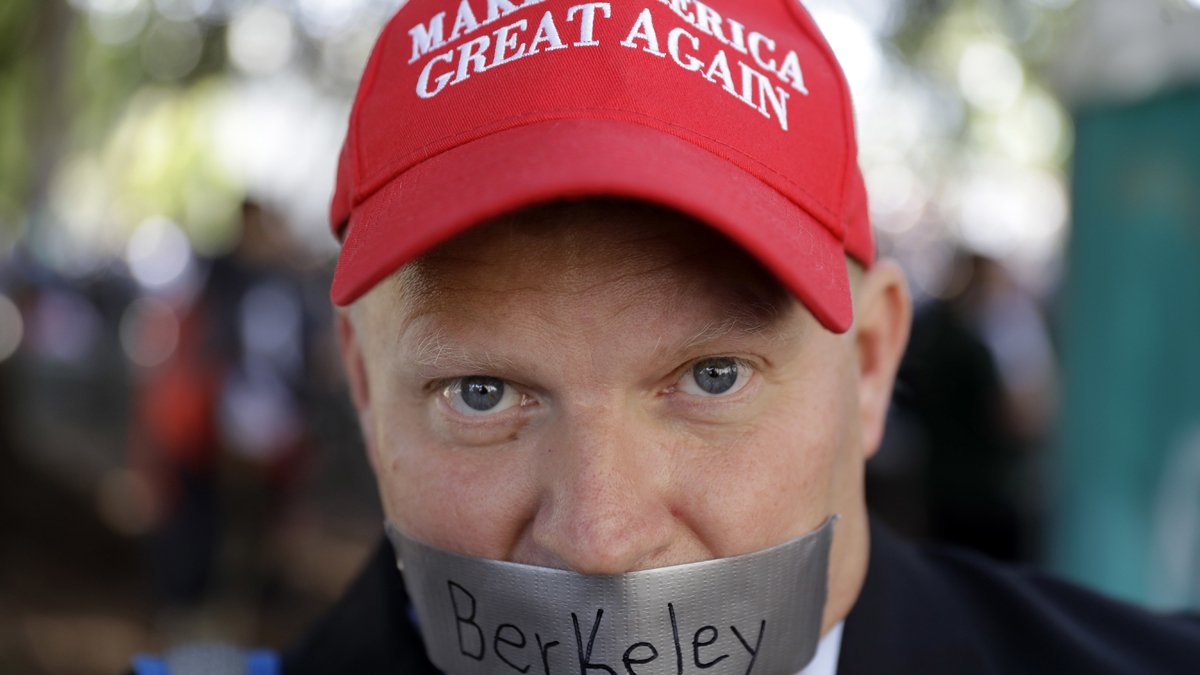  Daryl Tempesta is shown with tape over his mouth in protest in April, in Berkeley, Calif. Demonstrators gathered near the University of California, Berkeley campus amid a strong police presence and rallied to show support for free speech and condemn the views of Ann Coulter and her supporters. (AP Photo/Marcio Jose Sanchez, file) 