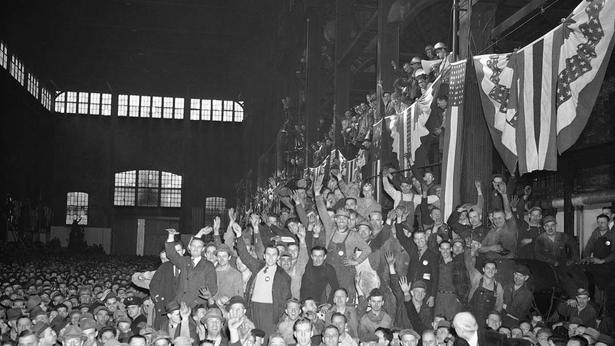 Employees at a 1941 ceremony where Bethlehem Steel received a Navy “E” award. The company employed about 31,000 people during World War II.  (AP file Photo) 