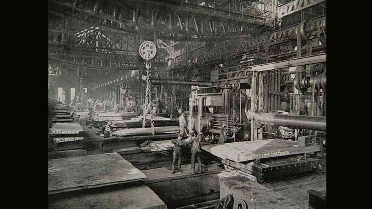 Employees of Bethlehem Steel Co. manufacture armor plates at the plant.  (Image courtesy of the Historical Society of Pennsylvania)